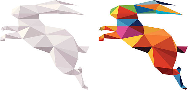 Two abstract geometric rabbits in white and in color vector art illustration