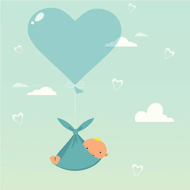 Vector illustration of Baby hanging in a sling from a blue heart balloon
