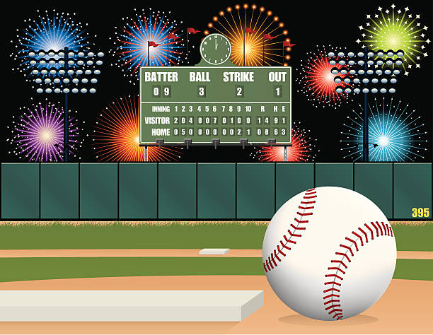 ilustraciones, imágenes clip art, dibujos animados e iconos de stock de fuegos artificiales de béisbol - baseball home run team ball