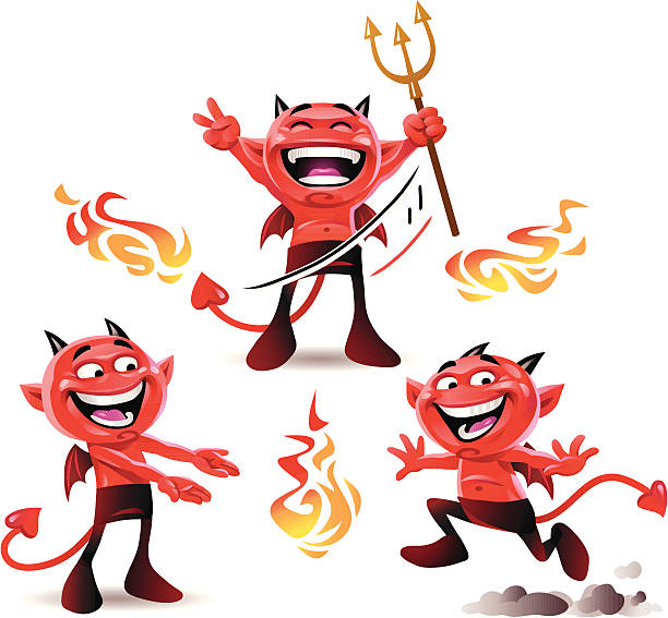 Little Devils in Action Three little red devils and flames isolated on white. EPS8, fully editable, grouped and all labeled in layers. cartoon of the devils pitch fork stock illustrations