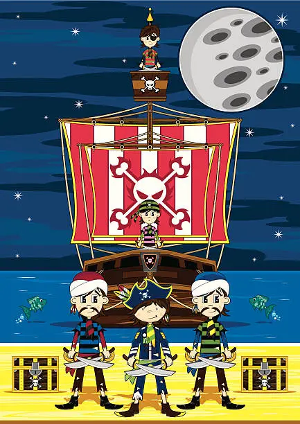 Vector illustration of Cute Pirates and Ship Beach Scene