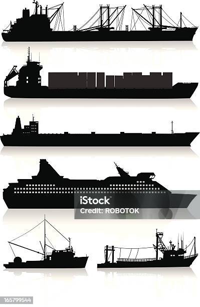 Silhuetas Modernas Dos Navios E Embarcações De Pesca - Arte vetorial de stock e mais imagens de Silhueta