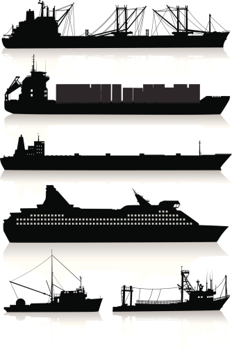 Isolated silhouettes of two cargo ships, a supertanker, a cruise ship, and two fishing boats. The windows are separated from the main black silhouettes to easily delete them or change their colors.