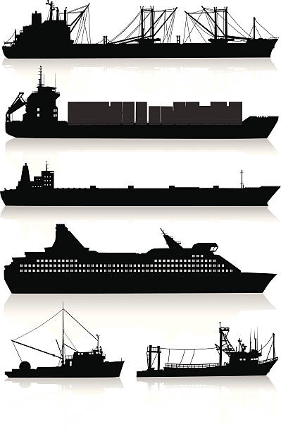 Silhouettes of modern vessels and fishing boats Isolated silhouettes of two cargo ships, a supertanker, a cruise ship, and two fishing boats. The windows are separated from the main black silhouettes to easily delete them or change their colors. tanker stock illustrations