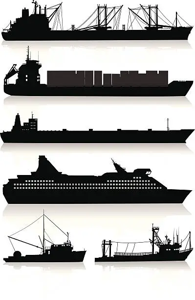 Vector illustration of Silhouettes of modern vessels and fishing boats