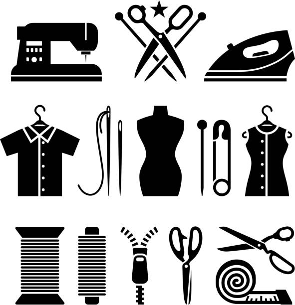 ilustrações de stock, clip art, desenhos animados e ícones de alfaiate & indústria da moda preto e branco vector conjunto de ícones - sewing dressmakers model tape measure mannequin