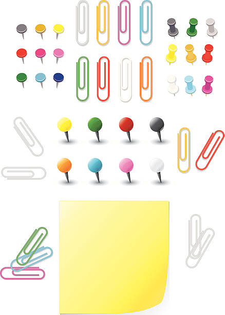 illustrazioni stock, clip art, cartoni animati e icone di tendenza di post-it, nota carta adesivo, thumbtacks clip set - clip white red green