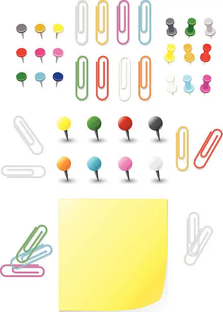 Vector illustration of Post-it Adhesive Note, Paper Clips, Thumbtacks Set
