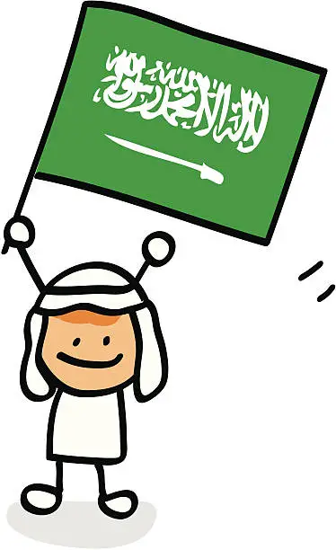 Vector illustration of kid holding Saudi flag cartoon illustration
