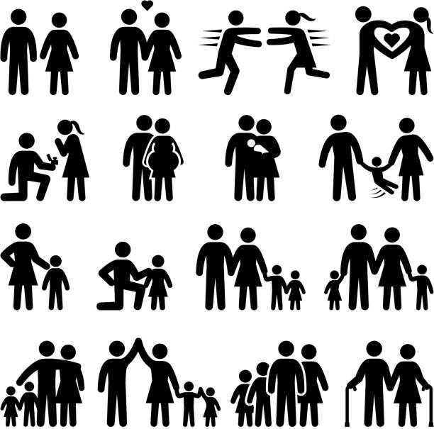 bildbanksillustrationer, clip art samt tecknat material och ikoner med set of black and white family life icons - streckfigur
