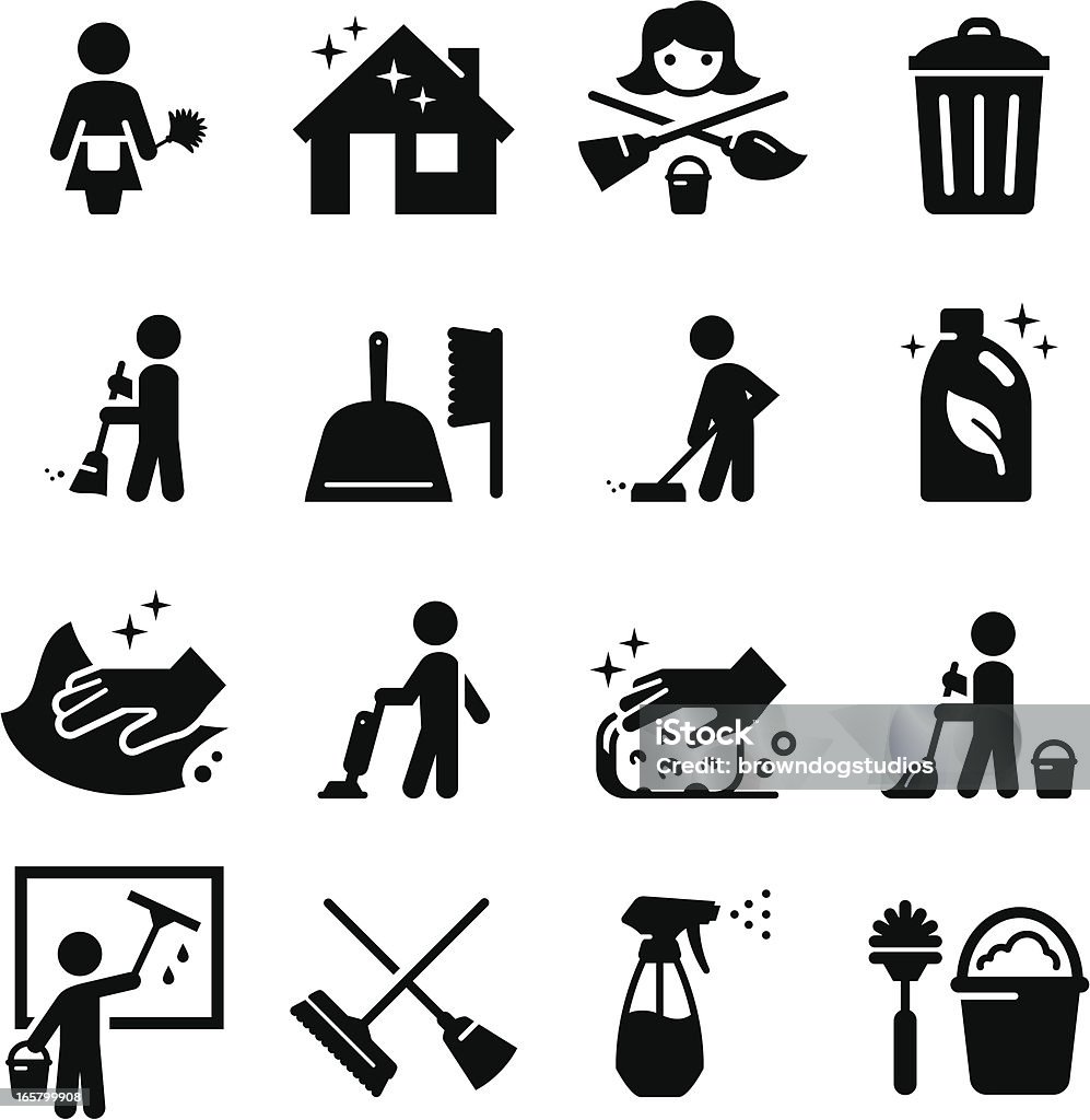 Vector set of black cleaning icons Maid services and cleaning icon set. Professional clip art for your print or Web project. See more icons in this series. Cleaning stock vector