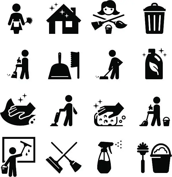 Vector illustration of Vector set of black cleaning icons