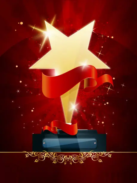Vector illustration of Golden Star Trophy with Grunge Background