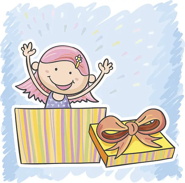 Vector illustration of Little girl hiding inside a box