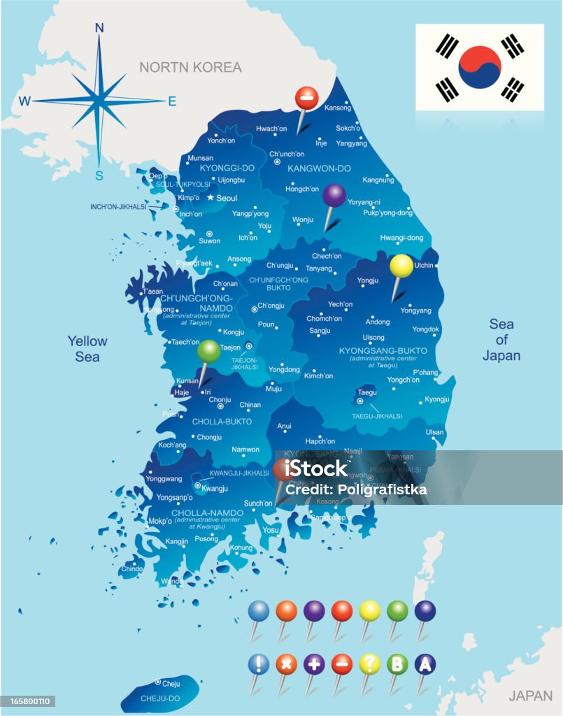 Peta Korea Selatan Ilustrasi Stok - Unduh Gambar Sekarang - Arah