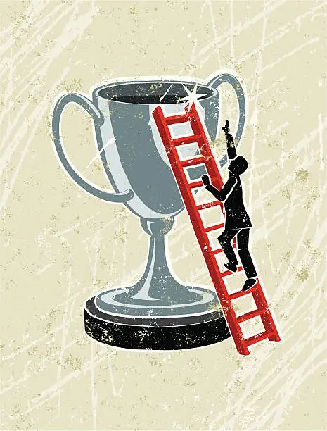 Vector illustration of Businessman Climbing Ladder up a trophy