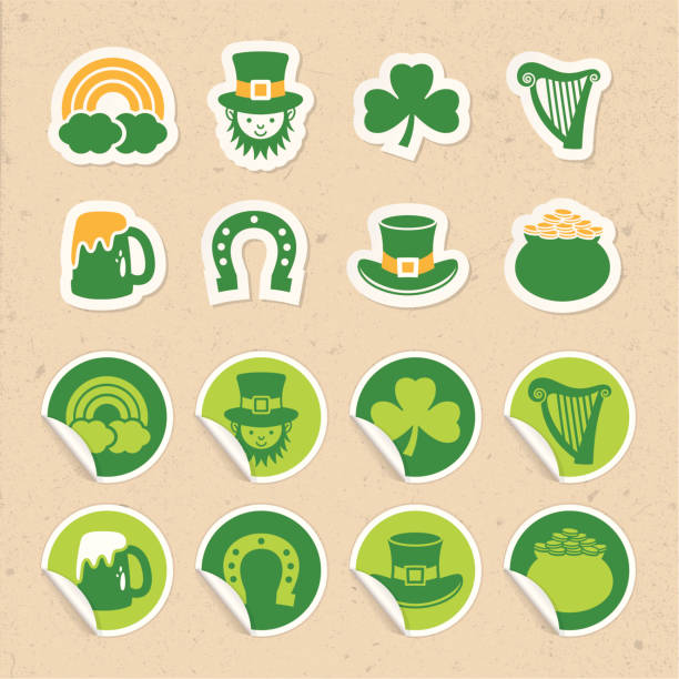 святого патрика день стикер иконки - luck st patricks day horseshoe rainbow stock illustrations