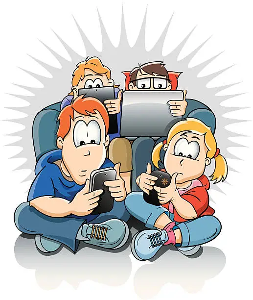 Vector illustration of Family using their phones, computers and digital devices