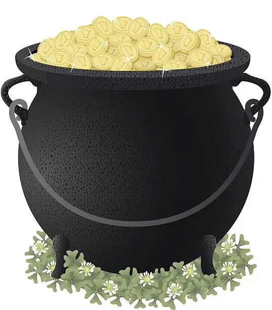 Vector illustration of Pot of Gold With Coins and Clover