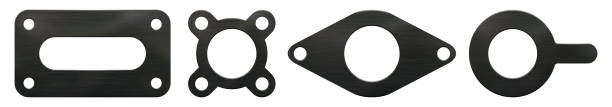 A set of black rubber gaskets of various shapes with holes and a light texture A set of black rubber gaskets of various shapes with holes and a light texture. Insulation of pipelines and vehicles in flanged joints pvc flange stock illustrations