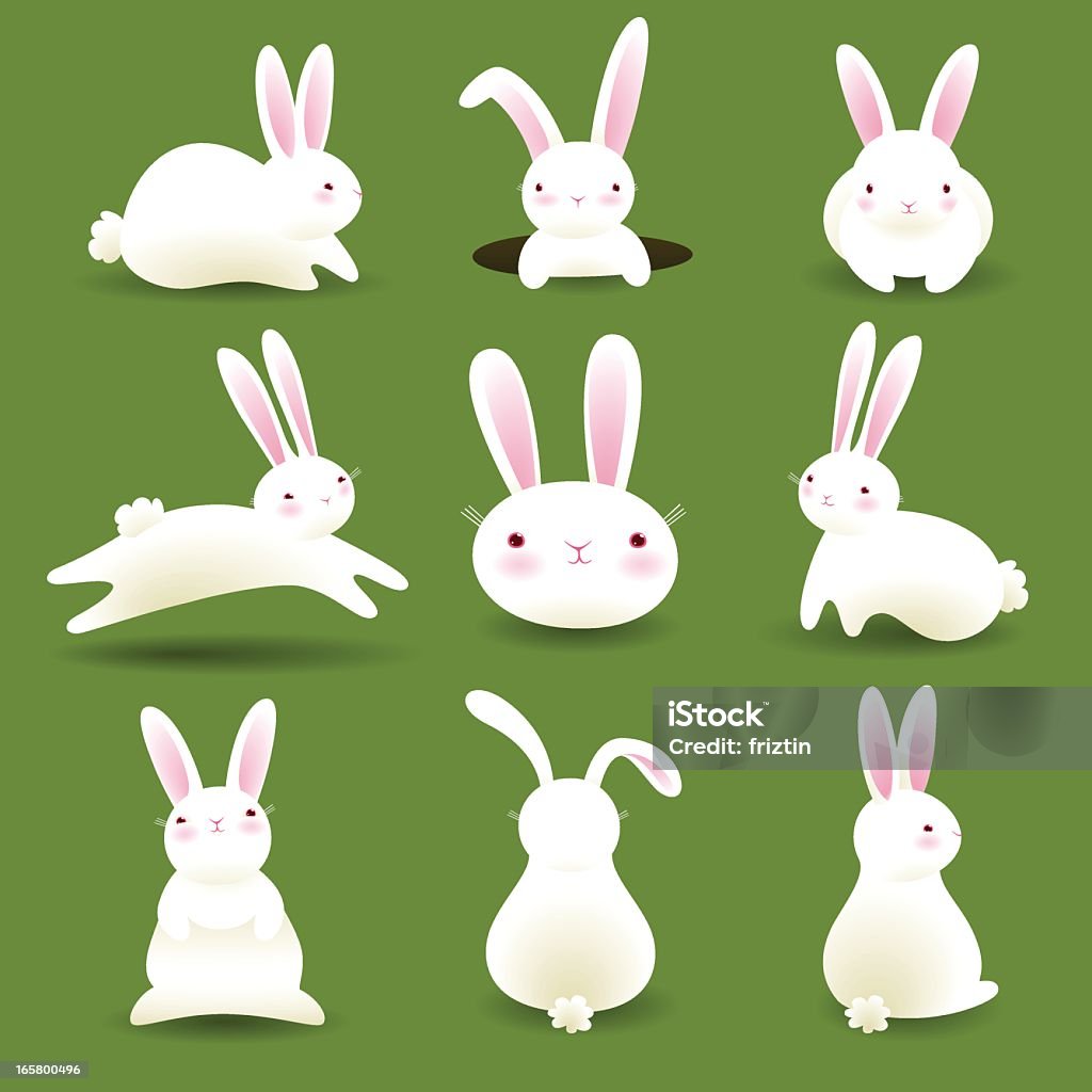 Bunnies on Grass EPS8 A collection of 9 white bunnies isolated on green "grass". Rabbit - Animal stock vector