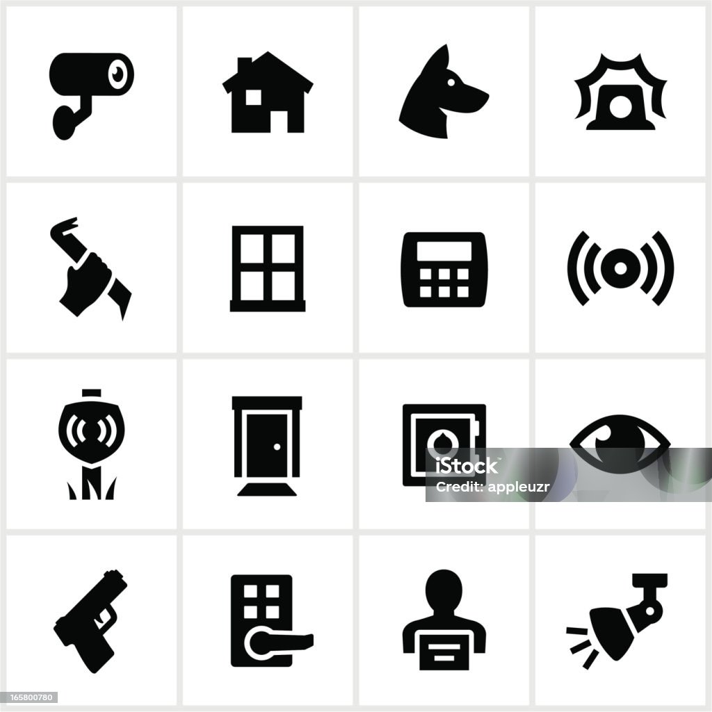 Black Home Security Icons Home security related icons. All white strokes/shapes are cut from the icons and merged allowing the background to show through. Icon Symbol stock vector