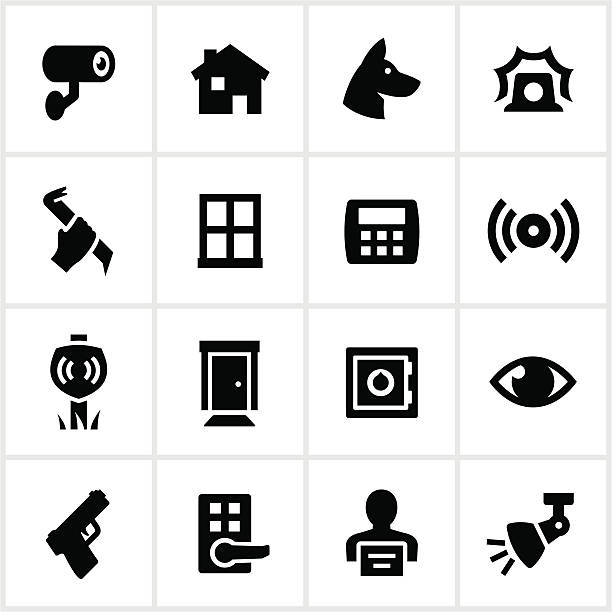 Black Home Security Icons Home security related icons. All white strokes/shapes are cut from the icons and merged allowing the background to show through. window icons stock illustrations