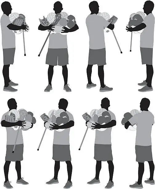 Vector illustration of Multiple images  of a man holding sports equipments