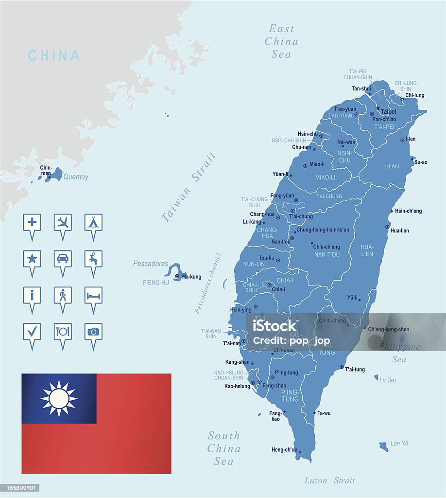 Carte de Taiwan-membres, villes, drapeau et navigation icônes - clipart vectoriel de Carte libre de droits