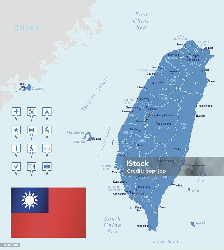 Mapa Tajwan-członkowskich, miast, Flaga ikony i nawigacja - Grafika wektorowa royalty-free (Mapa)