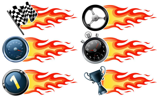 illustrazioni stock, clip art, cartoni animati e icone di tendenza di banner di fuoco velocità - checkered flag auto racing flag sports race