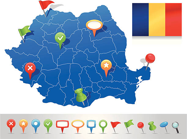 ilustrações de stock, clip art, desenhos animados e ícones de mapa da roménia com ícones de navegação - constanta