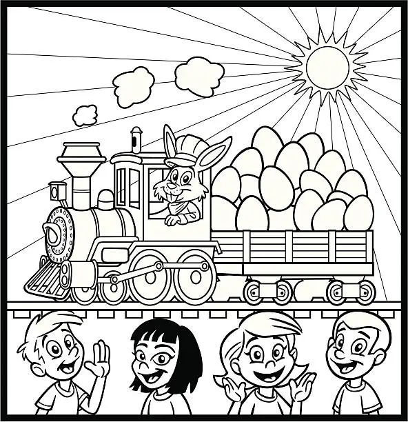 Vector illustration of Coloring Book Easter Bunny Train