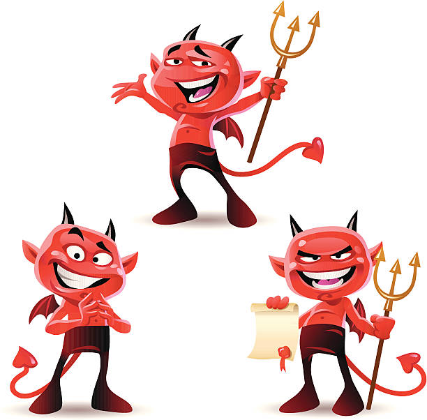 Little Devils Three little red devils isolated on white. EPS8, fully editable. cartoon of the devils pitch fork stock illustrations