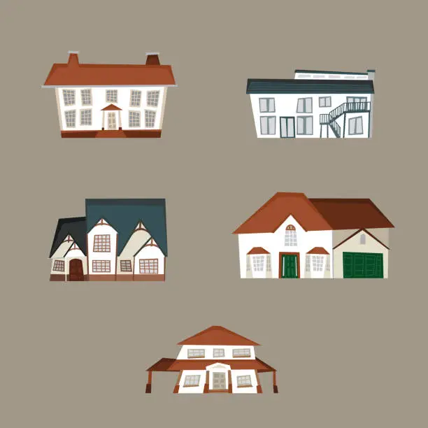 Vector illustration of Residential farmhouse cottage condominium duplex house houses