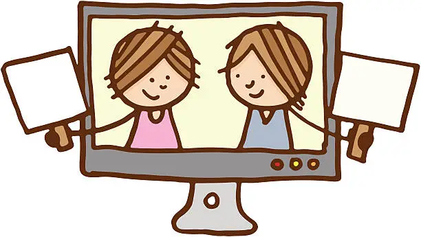 Vector illustration of Two friends holding blank signs inside a television