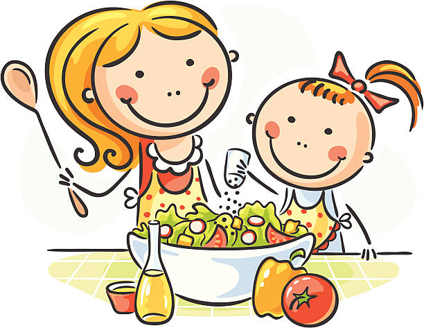 ilustraciones, imágenes clip art, dibujos animados e iconos de stock de cocina a la vista - stereotypical housewife little girls family domestic kitchen