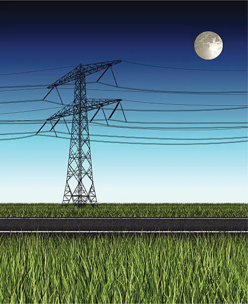 Vector illustration of electricity pylon at night