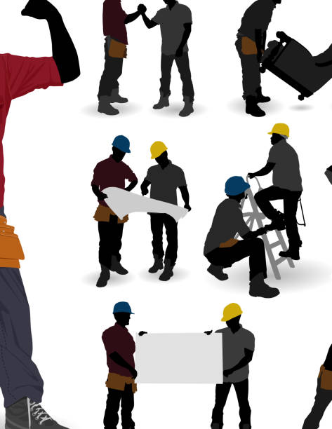 ilustraciones, imágenes clip art, dibujos animados e iconos de stock de trabajadores de la construcción - moving house house action silhouette