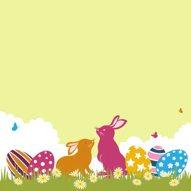 Vector illustration of Easter Bunnies and Eggs