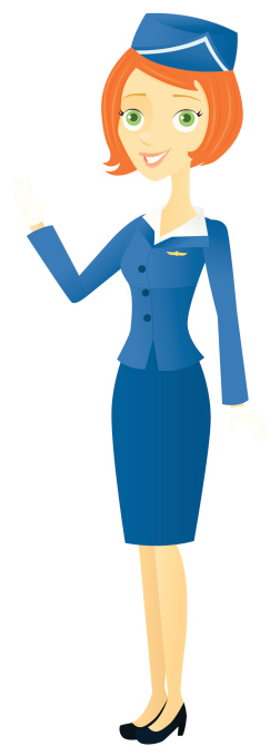 A vector illustration of a retro-styled flight attendant standing and waving. Illustration uses both linear and radial gradients. Download includes a high resolution PNG file with a transparent background.