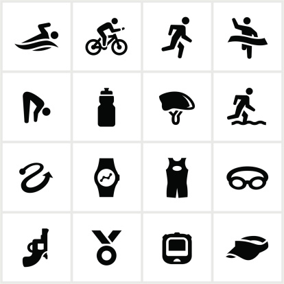 Triathlon related icons. All white strokes/shapes are cut from the icons and merged allowing the background to show through.