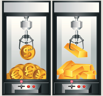 Toy Claw Machine with Gold Bars and Coins. Zip contains AI, PDF and hi-res Jpeg.