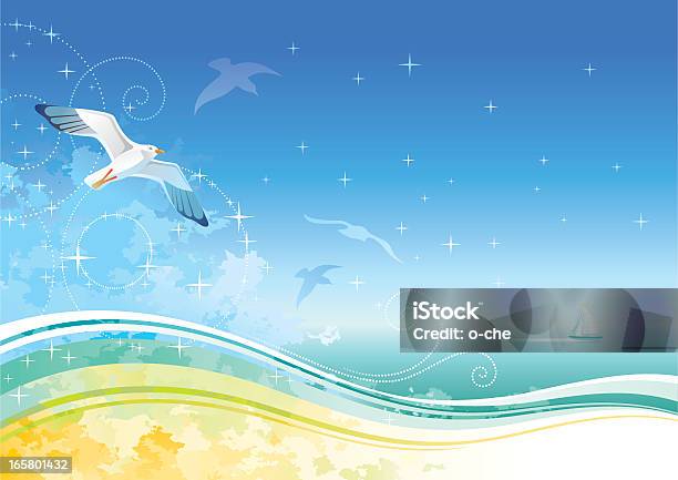 Sfondo Mare Con La Nave E Gabbiani - Immagini vettoriali stock e altre immagini di A forma di stella - A forma di stella, Astratto, Estate