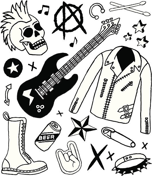 ilustraciones, imágenes clip art, dibujos animados e iconos de stock de punk rock garabatos - música punk