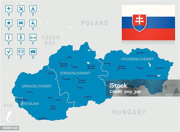 Mapa Da Eslováquiamembros Cidades Bandeira Ícones De Navegação - Arte vetorial de stock e mais imagens de Azul
