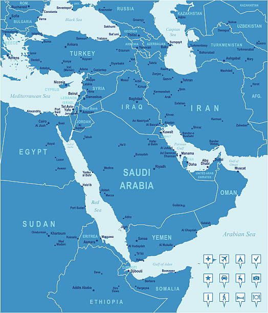 ilustraciones, imágenes clip art, dibujos animados e iconos de stock de azul vector de mapa de oriente próximo - lebanon