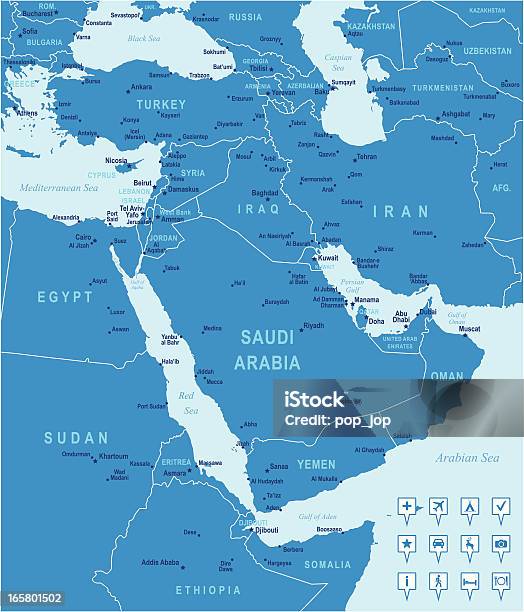 Ilustración de Azul Vector De Mapa De Oriente Próximo y más Vectores Libres de Derechos de Mapa - Mapa, Siria, Arabia Saudí