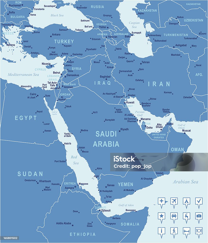Niebieski Wektor mapę na Bliskim Wschodzie - Grafika wektorowa royalty-free (Mapa)