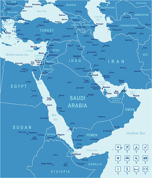 ilustrações de stock, clip art, desenhos animados e ícones de vector azul mapa do médio oriente - iran vector saudi arabia kuwait